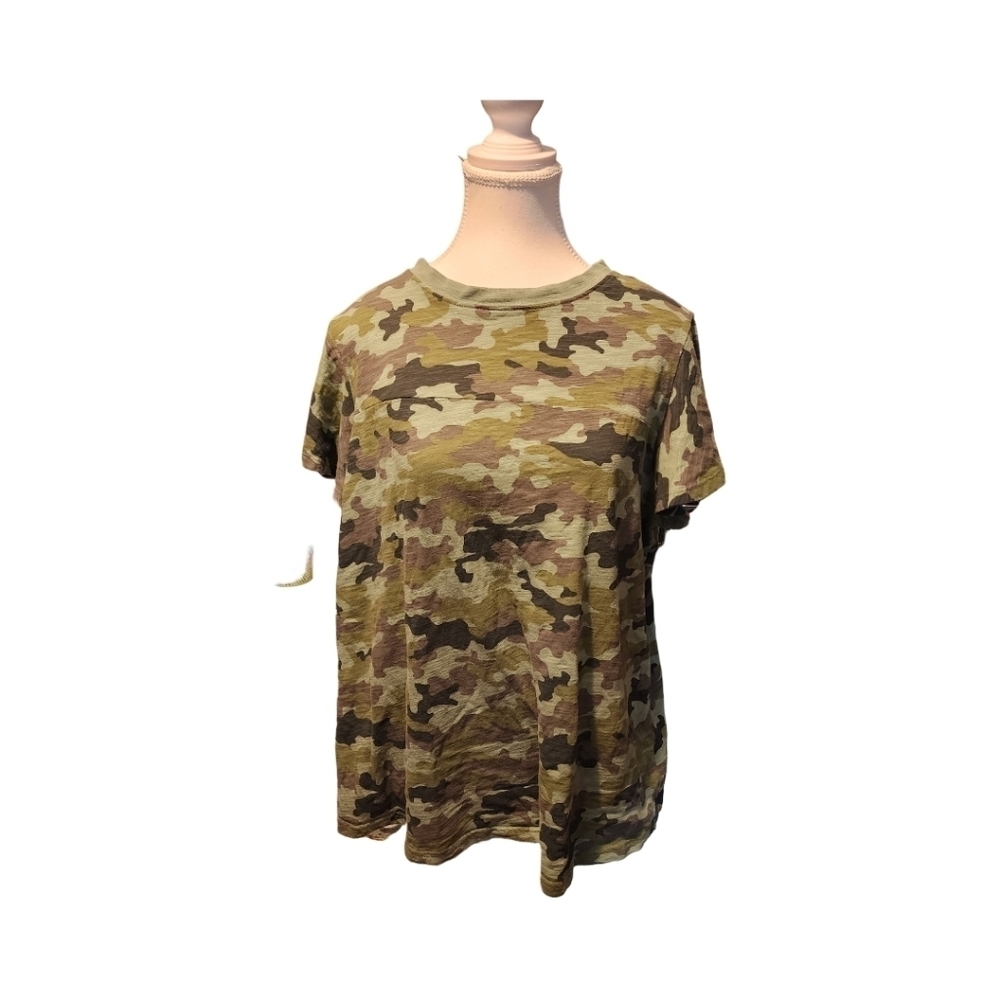Time and True woman's camo tshirt with ruffled short sleeves